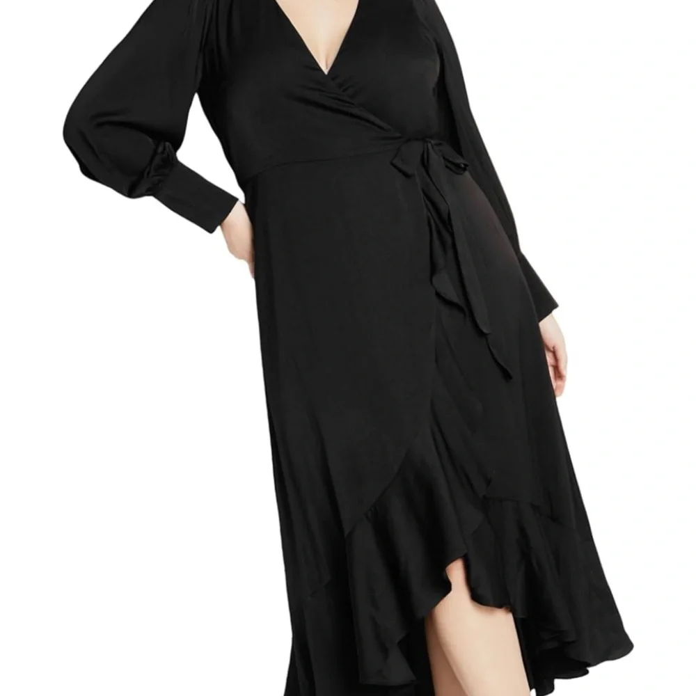 Elegant Black Matte Satin Flowing Ruffle Hem Balloon Sleeve True Wrap Dress - Picture 2 of 8